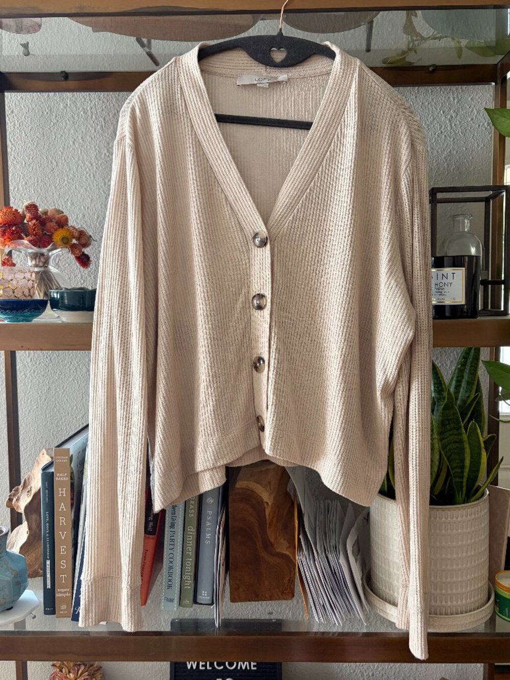 LOFT Beige Ribbed Button-Front Cardigan
